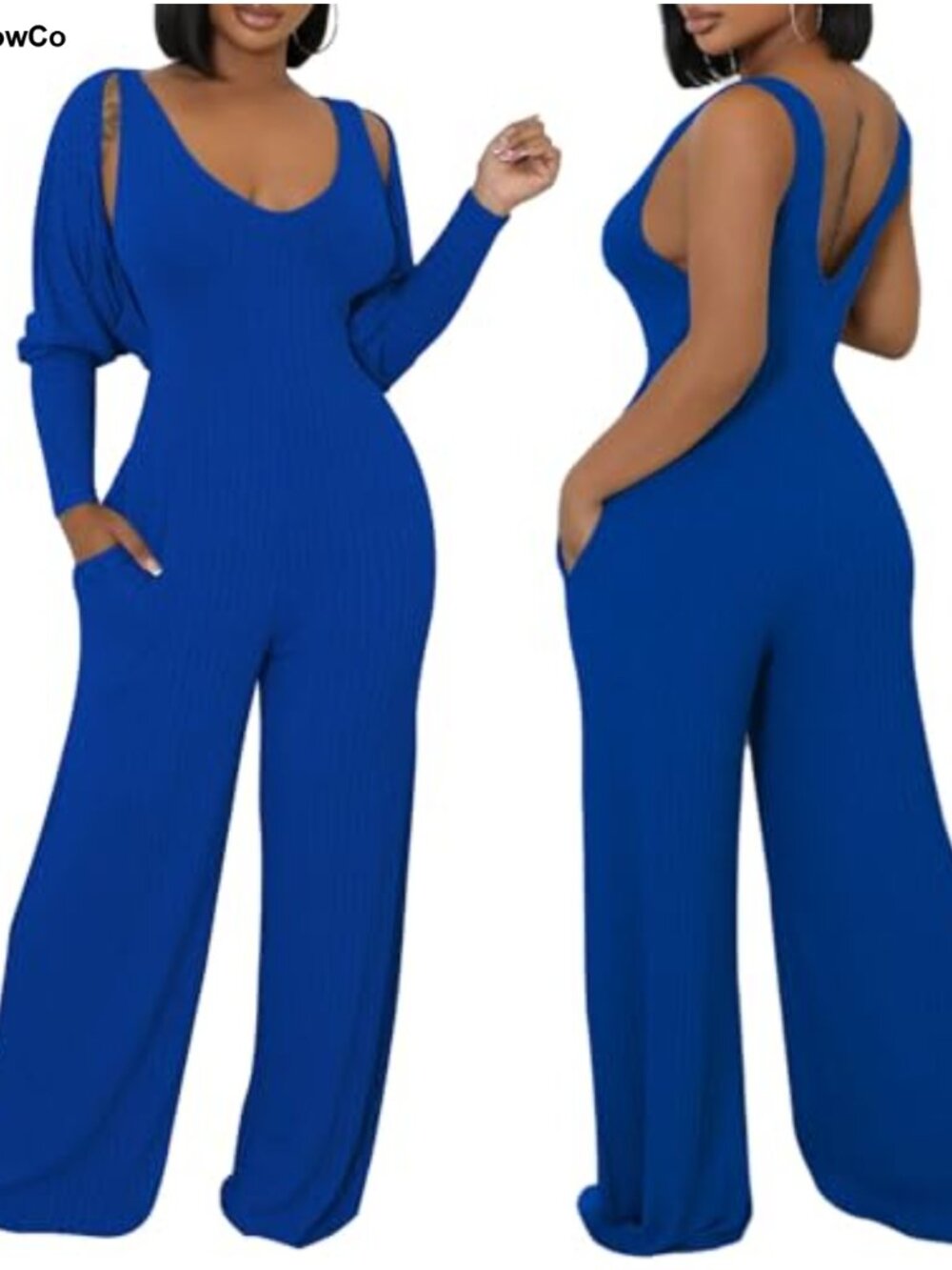 Ribbed Knit 2 Piece Jumpsuit Set Wide Leg with Cardigan Scoop Neck